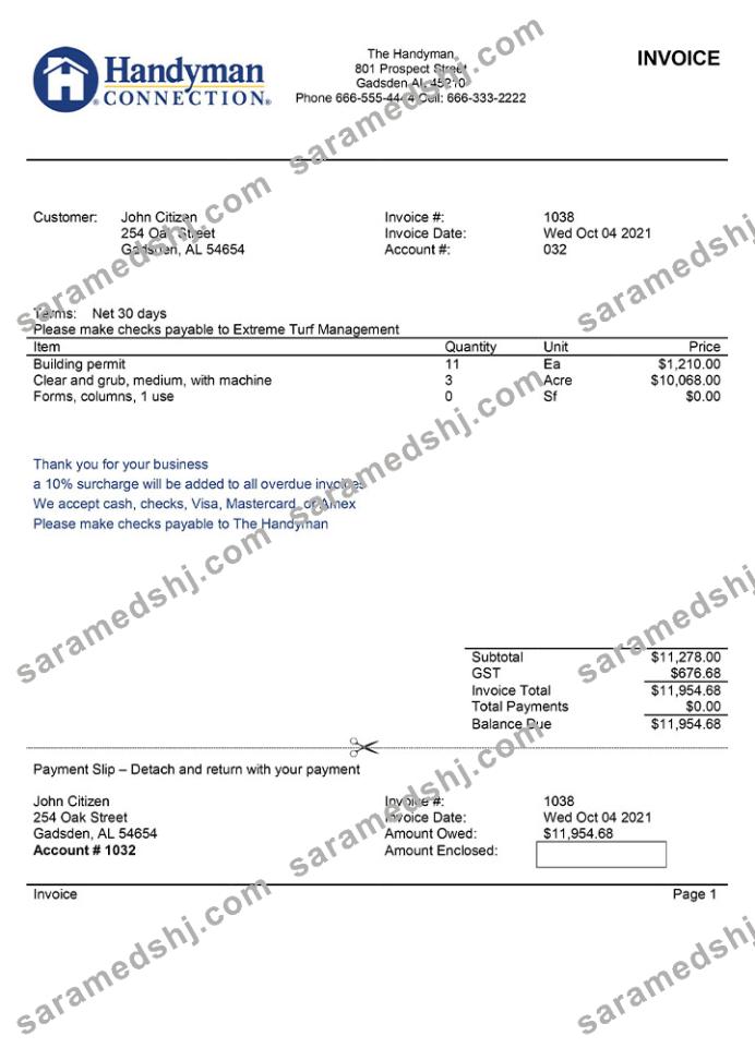 USA Handyman Home Service Company invoice template